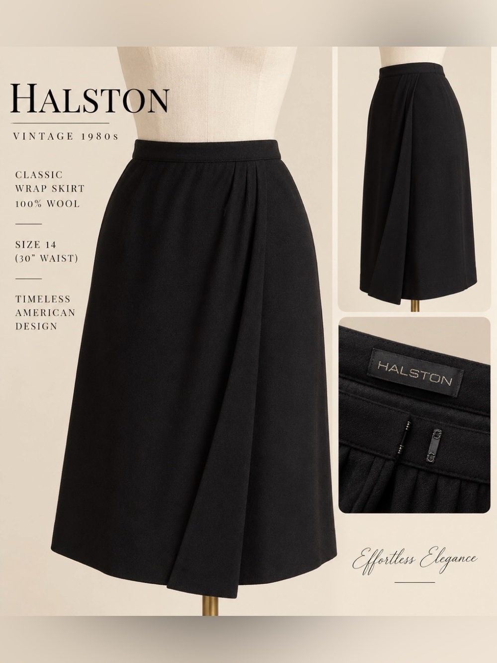 Halston - Vintage 80s - Classic Heritage Black Wrap Skirt / 30” waist